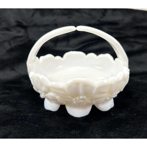 Vintage Westmoreland Milk Glass Split Handle Pansy Basket Candy Dish Trinket MCM
